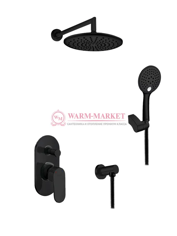 Встраиваемый комплект для душа с верхней душевой насадкой и лейкой черный А14030-Bl