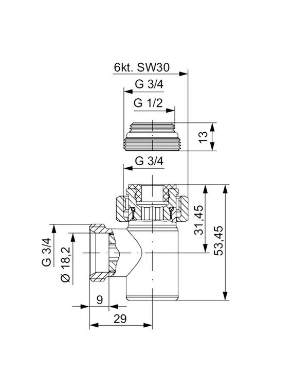 Вентиль запорный угловой Hummel Designtechnik 3/4НРx1/2НР
