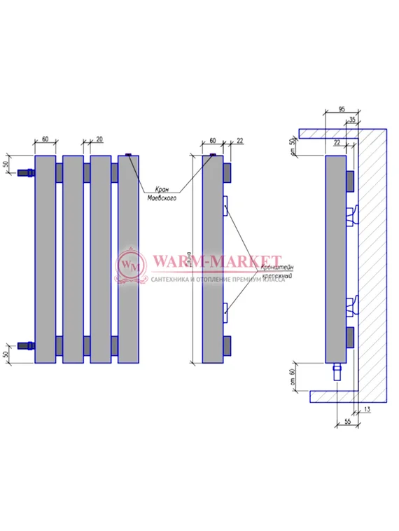 Steel V 60х60 500 - вертикальный трубчатый дизайн-радиатор, 4 секции