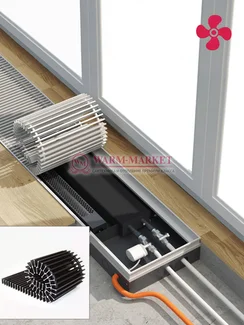 Конвектор внутрипольный Helios Therm Alpha Air (CIAA) с вентилятором глубиной 110мм с алюминиевой решеткой черного цвета