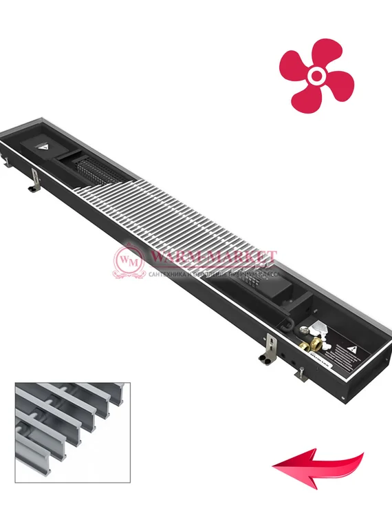 Конвектор внутрипольный Varmann Qtherm Eco с вентилятором c решеткой из нержавеющей стали натурального цвета