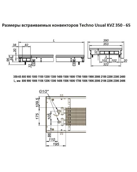 Внутрипольный конвектор Techno Usual KVZ, высота 65 мм., ширина 350 мм., без решетки