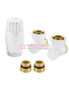 Комплект узел нижнего подключения угловой G 3/4 x 3/4 D=50 мм с термоголовкой M30x1,5 + 2 Ниппеля 1/2x3/4 Белый