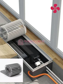 Конвектор внутрипольный Helios Therm Double Air (CIADA) с вентилятором глубиной 135мм с алюминиевой решеткой серебряного цвета