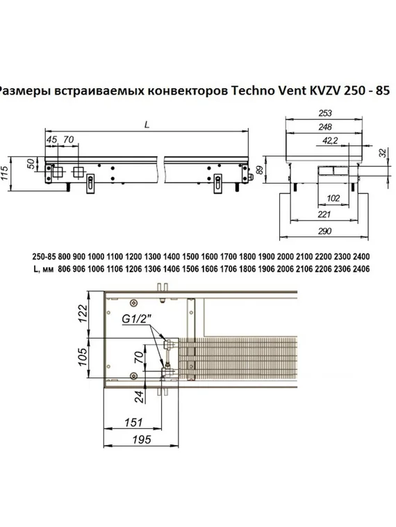 Внутрипольный конвектор Techno WD KVZVs 12 В, высота 85 мм., ширина 250 мм., без решетки