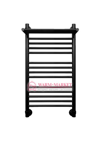 Mini P 800х400 - узкий водяной полотенцесушитель с полкой из нержавеющей стали 400 мм. шириной, черный.