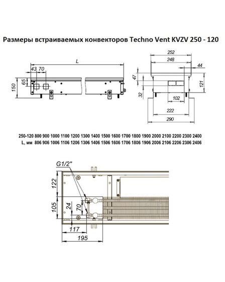 Внутрипольный конвектор Techno WD KVZs, высота 120 мм., ширина 250 мм., без решетки