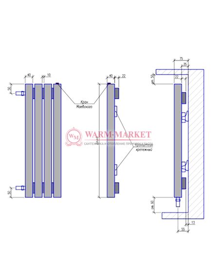 Steel V 40х40 1250 - вертикальный трубчатый дизайн-радиатор, 3 секции