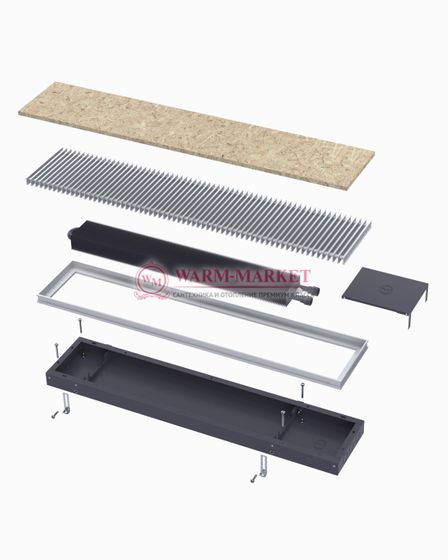 Конвектор внутрипольный Helios Therm Alpha (CIA) без вентилятора глубиной 95мм с алюминиевой решеткой серебряного цвета