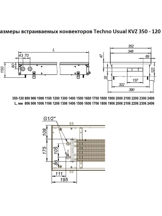 Внутрипольный конвектор Techno Usual KVZ, высота 120 мм., ширина 350 мм., без решетки