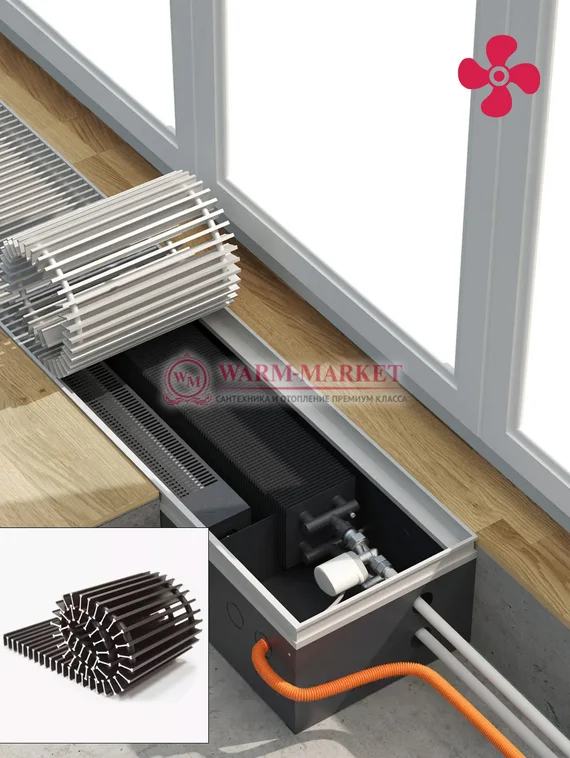 Конвектор внутрипольный Helios Therm Double Air (CIADA) с вентилятором глубиной 135мм с алюминиевой решеткой шоколадного цвета