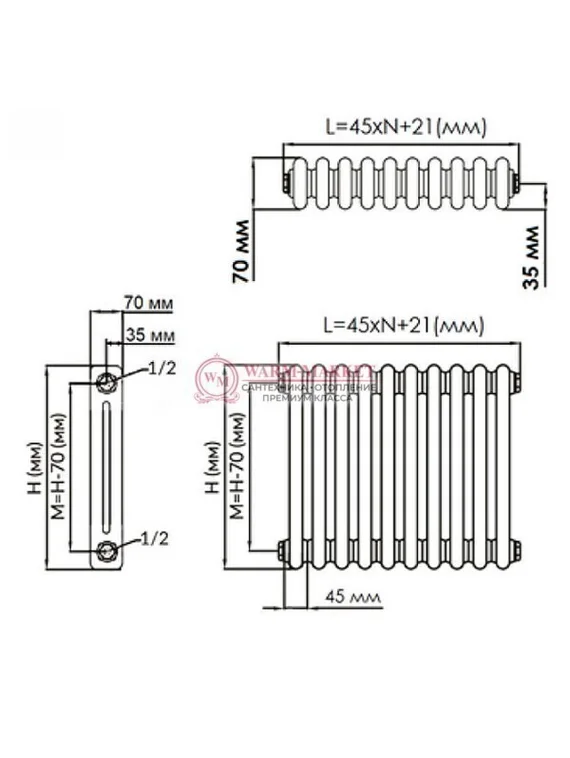 Вертикальный трубчатый радиатор Solira 2200 N24 нижнее проходное подключение, цвета RAL