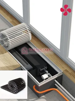 Конвектор внутрипольный Helios Therm Double Air (CIADA) с вентилятором глубиной 135мм с алюминиевой решеткой черного цвета