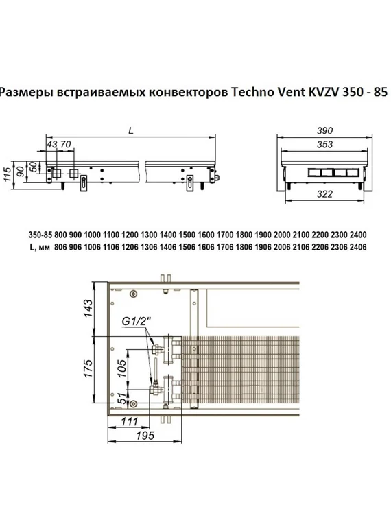 Внутрипольный конвектор Techno WD KVZVs 12 В, высота 85 мм., ширина 350 мм., без решетки