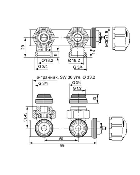 Узел термостатический угловой Hummel Designtechnik 3/4НРx1/2НР
