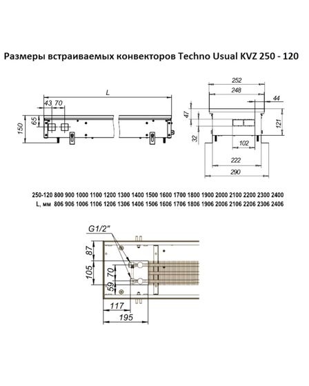 Внутрипольный конвектор Techno Usual KVZ, высота 120 мм., ширина 250 мм., без решетки