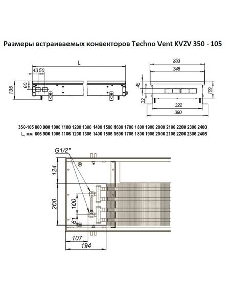 Внутрипольный конвектор Techno WD KVZs, высота 105 мм., ширина 350 мм., без решетки