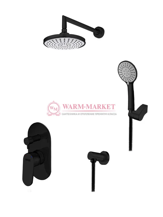 Встраиваемый комплект для душа с верхней душевой насадкой и лейкой черный A14229-Bl
