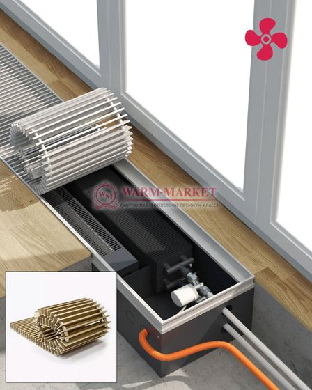 Конвектор внутрипольный Helios Therm Double Air (CIADA) с вентилятором глубиной 135мм с алюминиевой решеткой золотого цвета