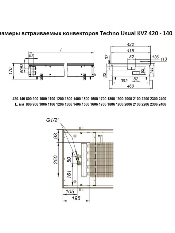 Внутрипольный конвектор Techno Air KVVZ, высота 140 мм., ширина 420 мм., без решетки