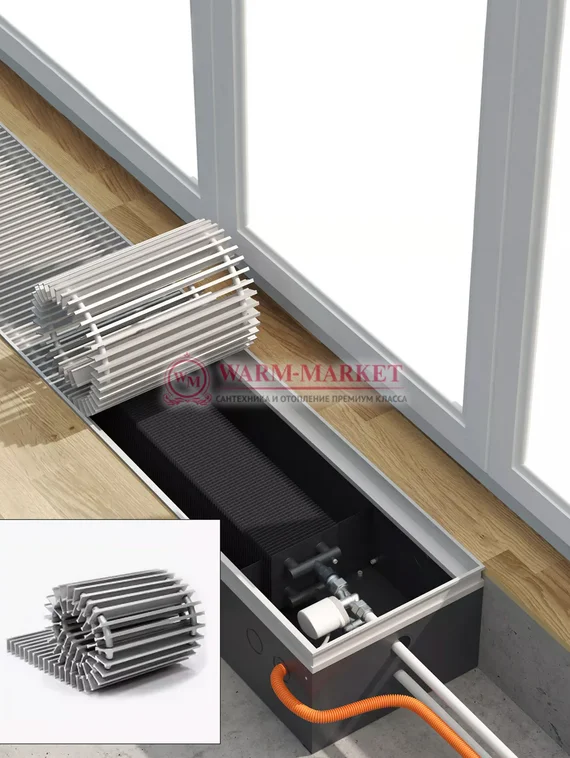 Конвектор внутрипольный Helios Therm Double Alpha (CIAD) без вентилятора глубиной 130мм с алюминиевой решеткой серебряного цвета