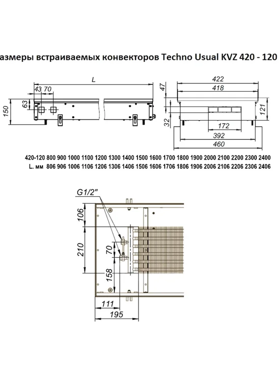 Внутрипольный конвектор Techno Usual KVZ, высота 120 мм., ширина 420 мм., без решетки