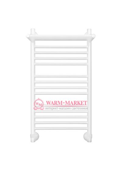 Mini P 800х400 - узкий водяной полотенцесушитель с полкой из нержавеющей стали 400 мм. шириной, белый.