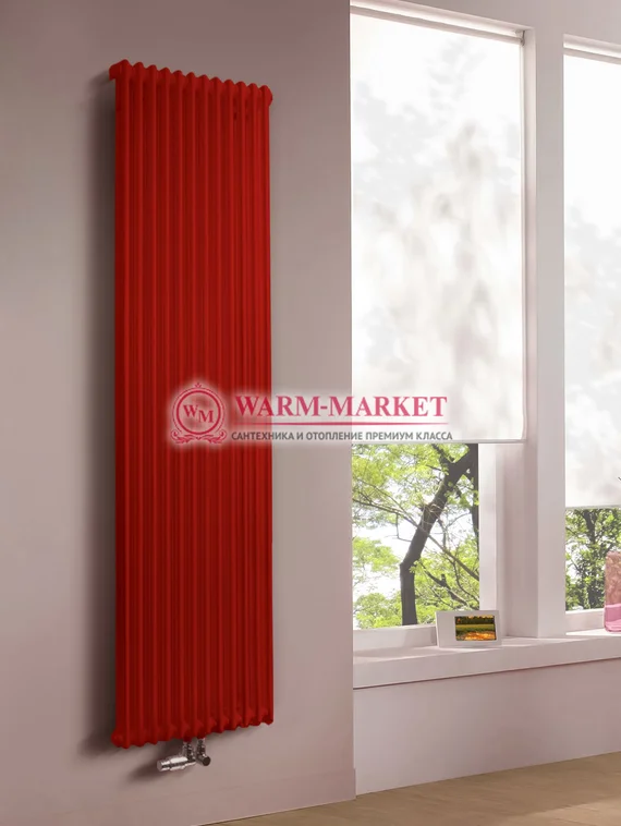 Трубчатый вертикальный радиатор Dia Norm 2180 двухтрубный нижнее правое/левое подключение с вентилем красного цвета