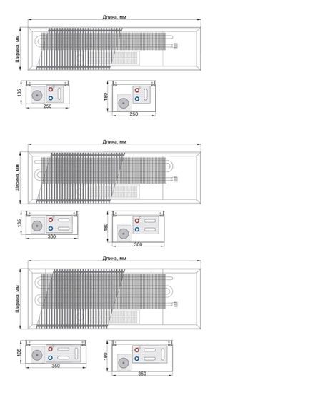 Конвектор внутрипольный Helios Therm Double Air (CIADA) с вентилятором глубиной 180мм с алюминиевой решеткой черного цвета