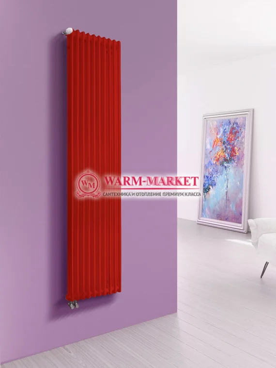 Трубчатый вертикальный радиатор Dia Norm 2180 двухтрубный нижнее правое/левое подключение с вентилем красного цвета