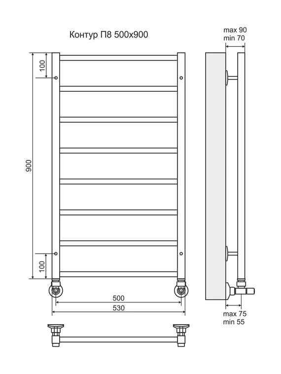 Контур П8-3 - водяной полотенцесушитель, нижнее подключение, цвет бронза