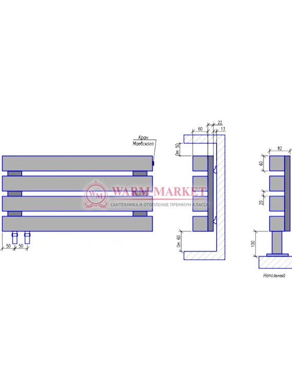 Steel N 60х60 500 - напольный трубчатый дизайн-радиатор, 3 секции