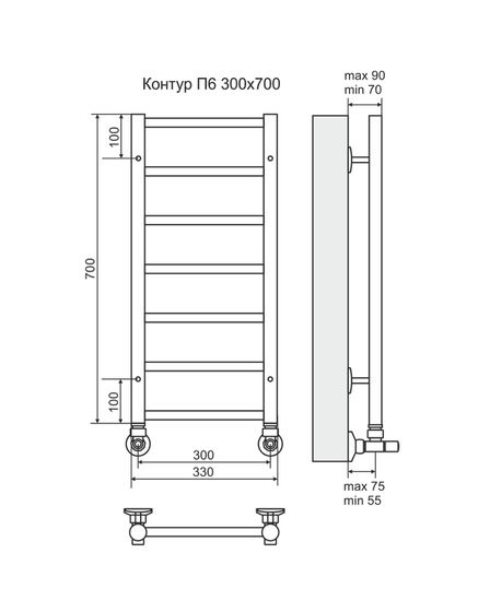 Контур П6-1 - водяной полотенцесушитель, нижнее подключение, цвет бронза