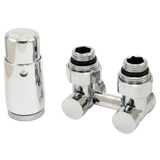 Комплект узел нижнего подключения угловой G 3/4 x 3/4 D=50 мм с термоголовкой M30x1,5 + 2 Ниппеля 1/2x3/4 Черный 9005