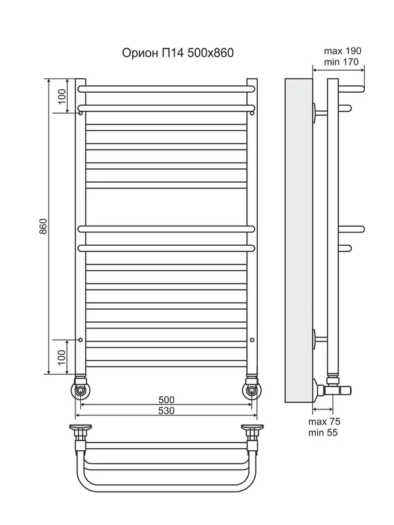 Орион - водяной полотенцесушитель, нижнее подключение, белый