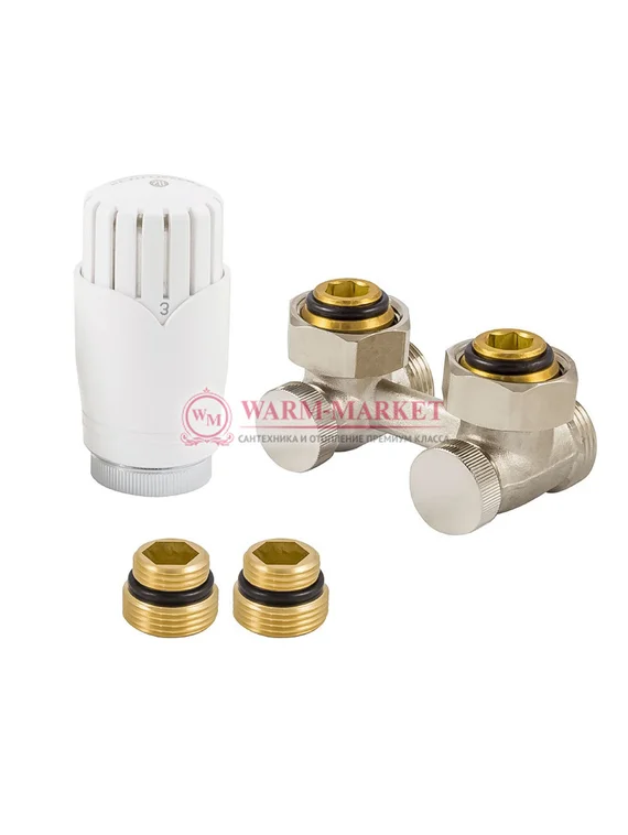 Комплект узел нижнего подключения угловой G 3/4 x 3/4 D=50 мм с термоголовкой MINI M30x1,5 + 2 Ниппеля 1/2x3/4