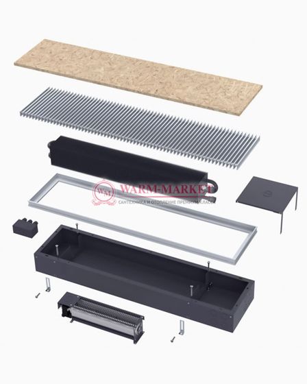 Конвектор внутрипольный Helios Therm Double Air (CIADA) с вентилятором глубиной 180мм с алюминиевой решеткой серебряного цвета