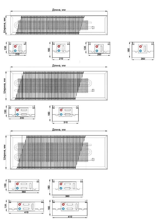 Конвектор внутрипольный Helios Therm Double Alpha (CIAD) без вентилятора глубиной 130мм с алюминиевой решеткой цвета шампань