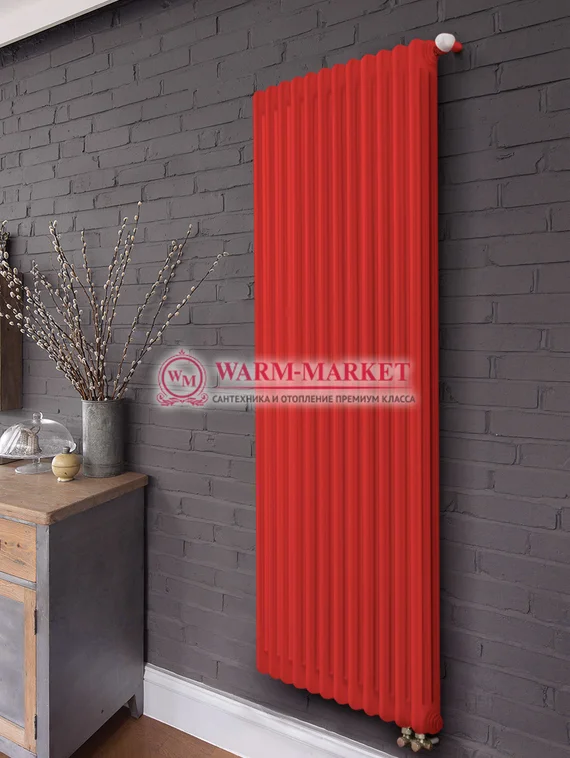 Трубчатый вертикальный радиатор Dia Norm 3180 трехтрубный нижнее правое/левое подключение с вентилем красного цвета