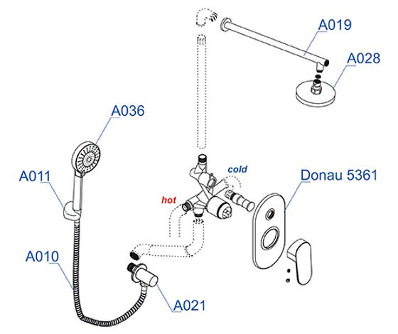 Встраиваемый комплект для душа с верхней душевой насадкой и лейкой черный А14028-Bl