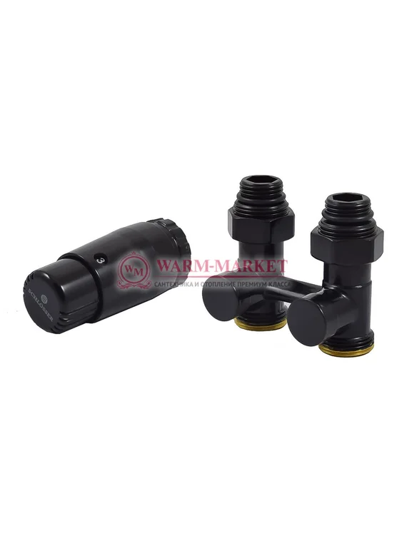 Комплект узел нижнего подключения прямой G 3/4 x 3/4 D=50 мм с термоголовкой MINI M30x1,5 + 2 Ниппеля 1/2x3/4 Черный 9005