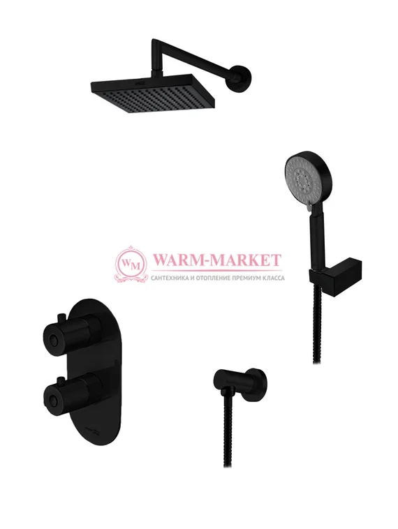 Встраиваемый комплект для душа с верхней душевой насадкой и лейкой черный А16028-Bl Thermo