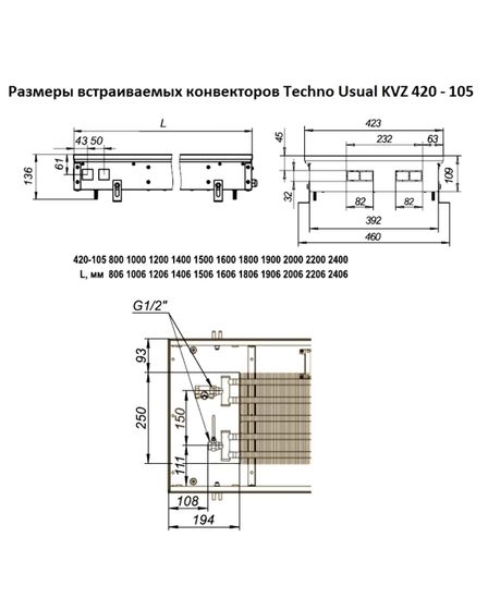 Внутрипольный конвектор Techno Vent KVZV, высота 105 мм., ширина 420 мм., без решетки