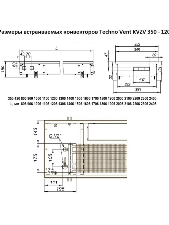Внутрипольный конвектор Techno WD KVZs, высота 120 мм., ширина 350 мм., без решетки