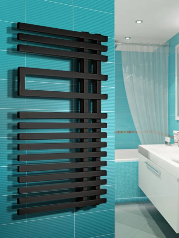 Emilia - дизайн полотенцесушитель оригинальной формы с квадратным профилем черного цвета