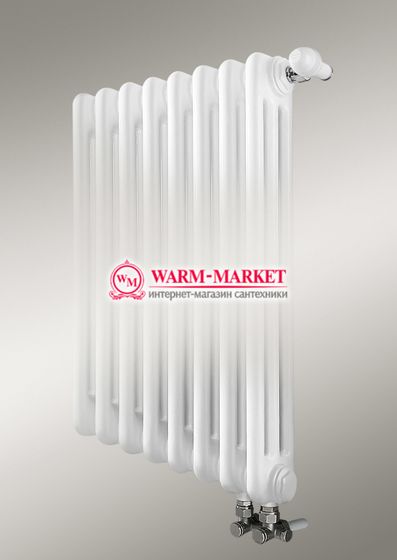 Вертикальный трубчатый радиатор, трехтрубный с нижним правым/левым подключением с вентилем.