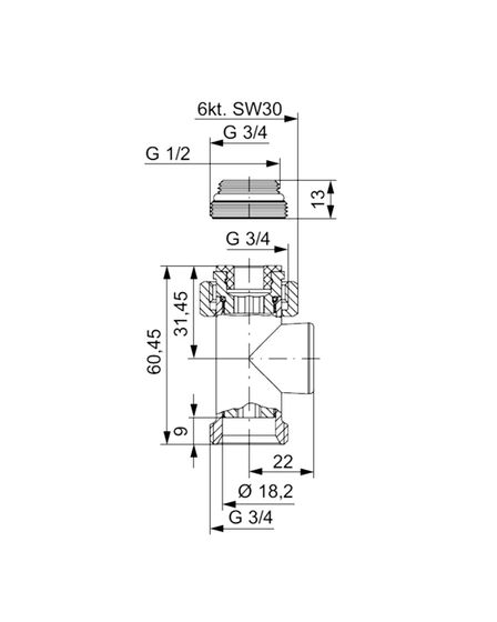 Вентиль запорный прямой Hummel Designtechnik 3/4НРx1/2НР