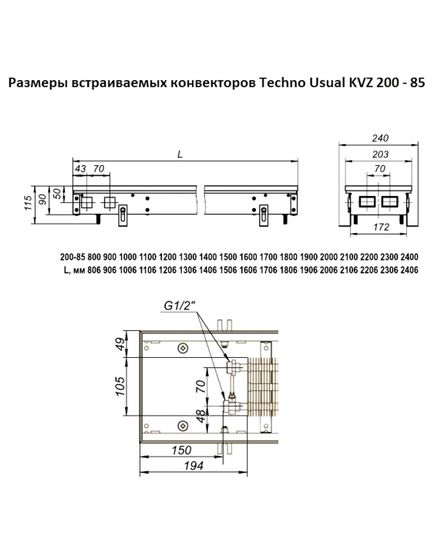 Внутрипольный конвектор Techno Usual KVZ, высота 85 мм., ширина 200 мм., без решетки