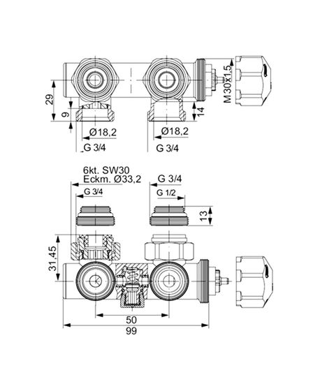 Узел термостатический угловой с байпасом Hummel Designtechnik 3/4НРx1/2НР