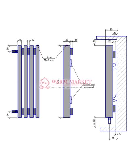 Steel N 30х60 3000 - напольный трубчатый дизайн-радиатор, 5 секций
